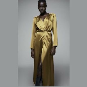 Zara Olive Satin Effect Midi Wrap-Dress - Medium
